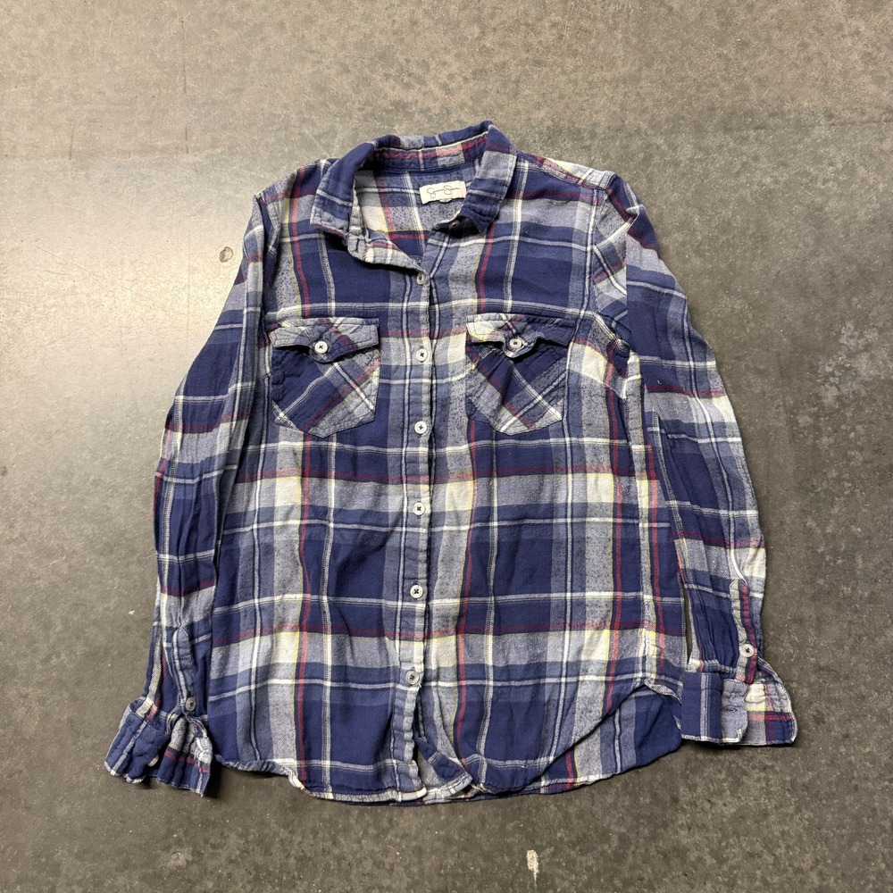Jessica Simpson Womens Blue Plaid Long Sleeve Button Down Flannel Shirt Size S
